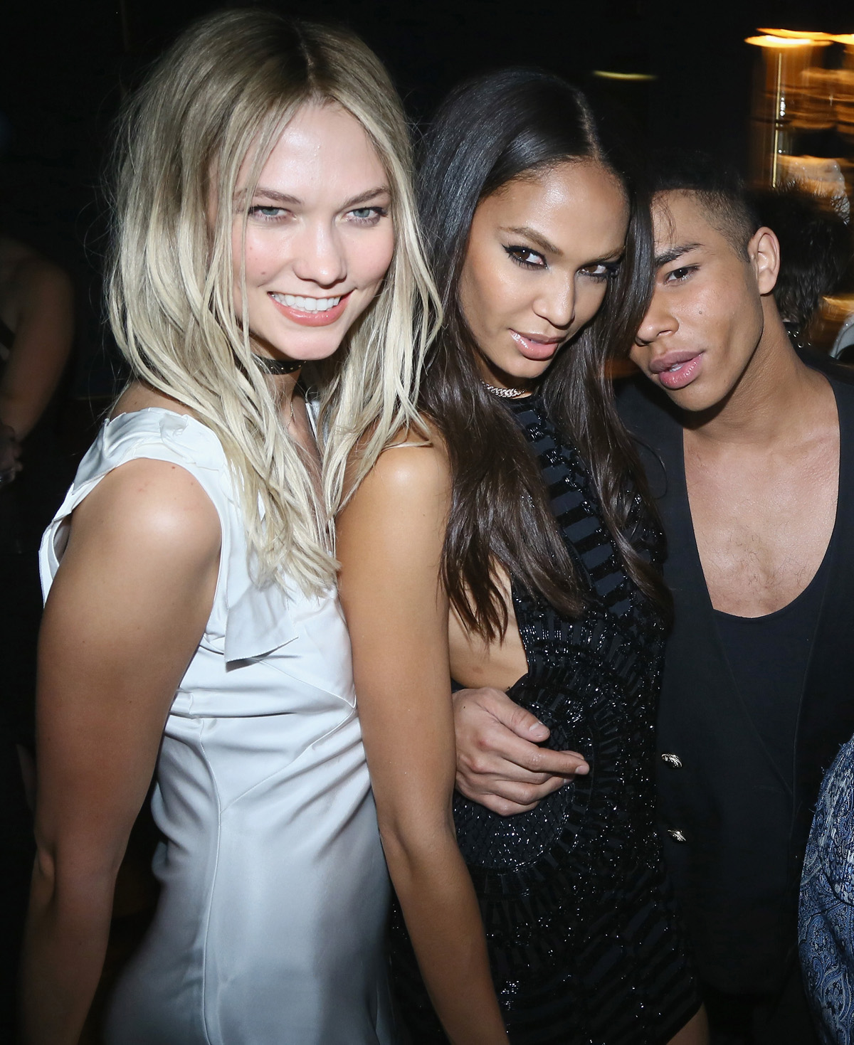 "PARIS, FRANCE - MARCH 03: Karlie Kloss, Joan Smalls and Olivier Rousteing attend the Balmain Aftershow Party as part of Paris Fashion Week Womenswear Automn/Winter 2016 at Restaurant Laperouse on March 3, 2016 in Paris, France. (Photo by Victor Boyko/WireImage)"
